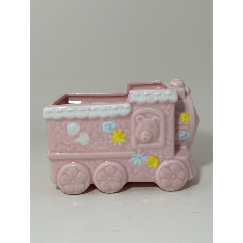 Vintage Pink Ceramic Train Planter Teddy Bear Bunny Nursery Decor Made in Taiwan